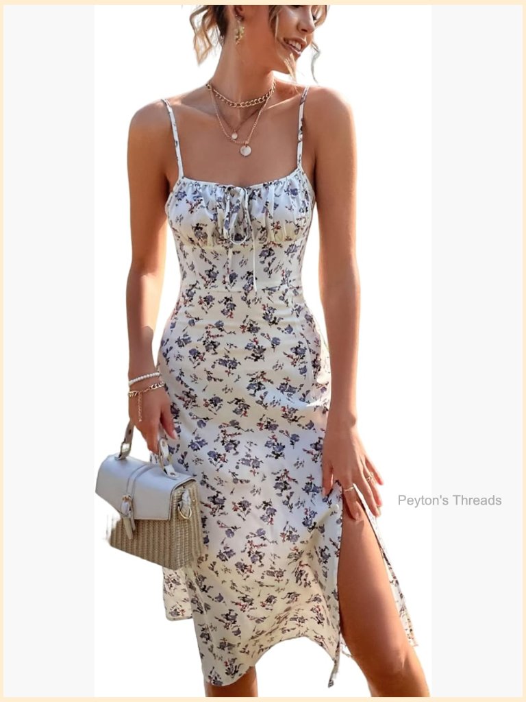 Split Thigh Spaghetti Strap Cami Midi Floral Dress Summer Vacation Outfit